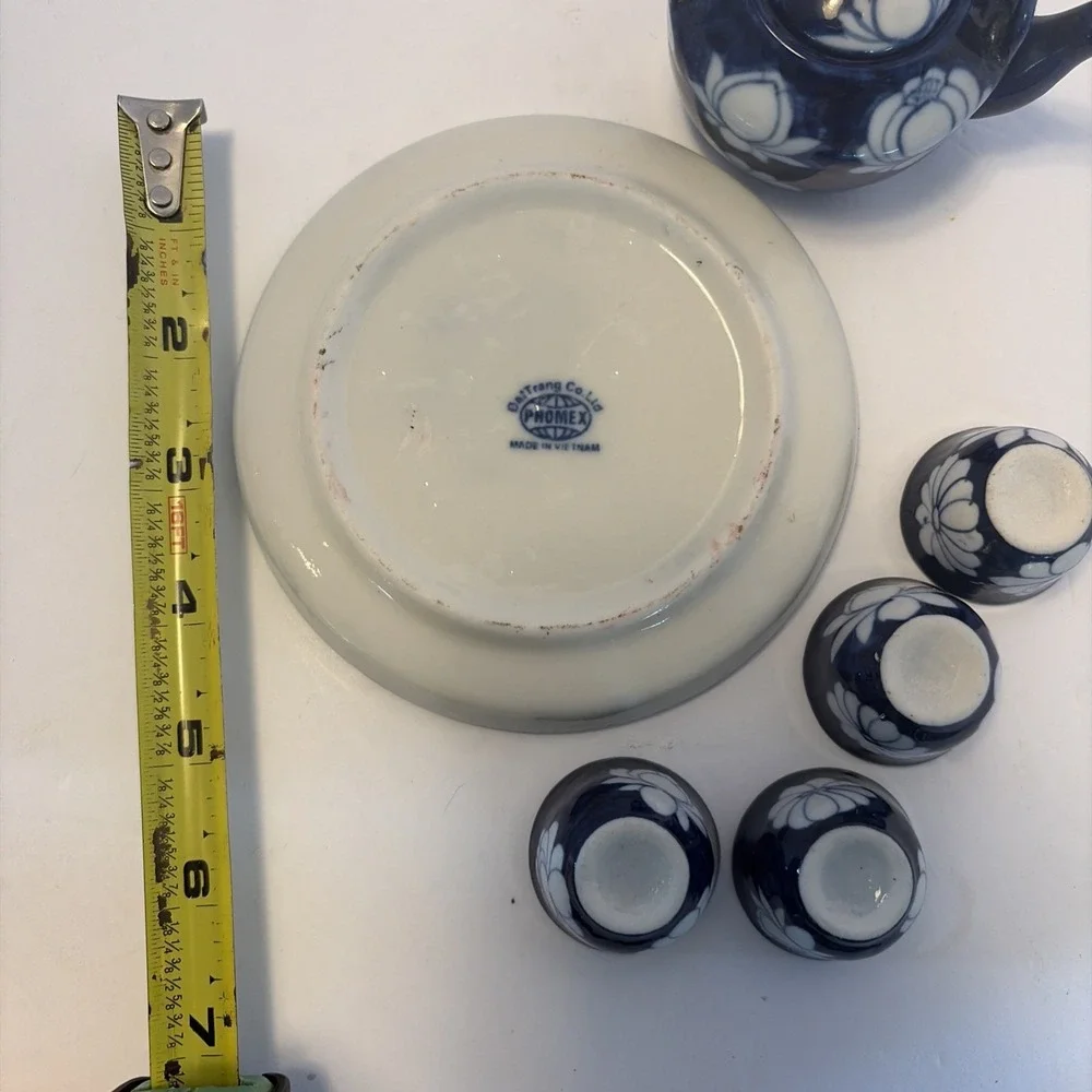 PhoMex Blue Teapot Miniature Tea Set Saki Set of 7 Pieces Vietnam Vintage